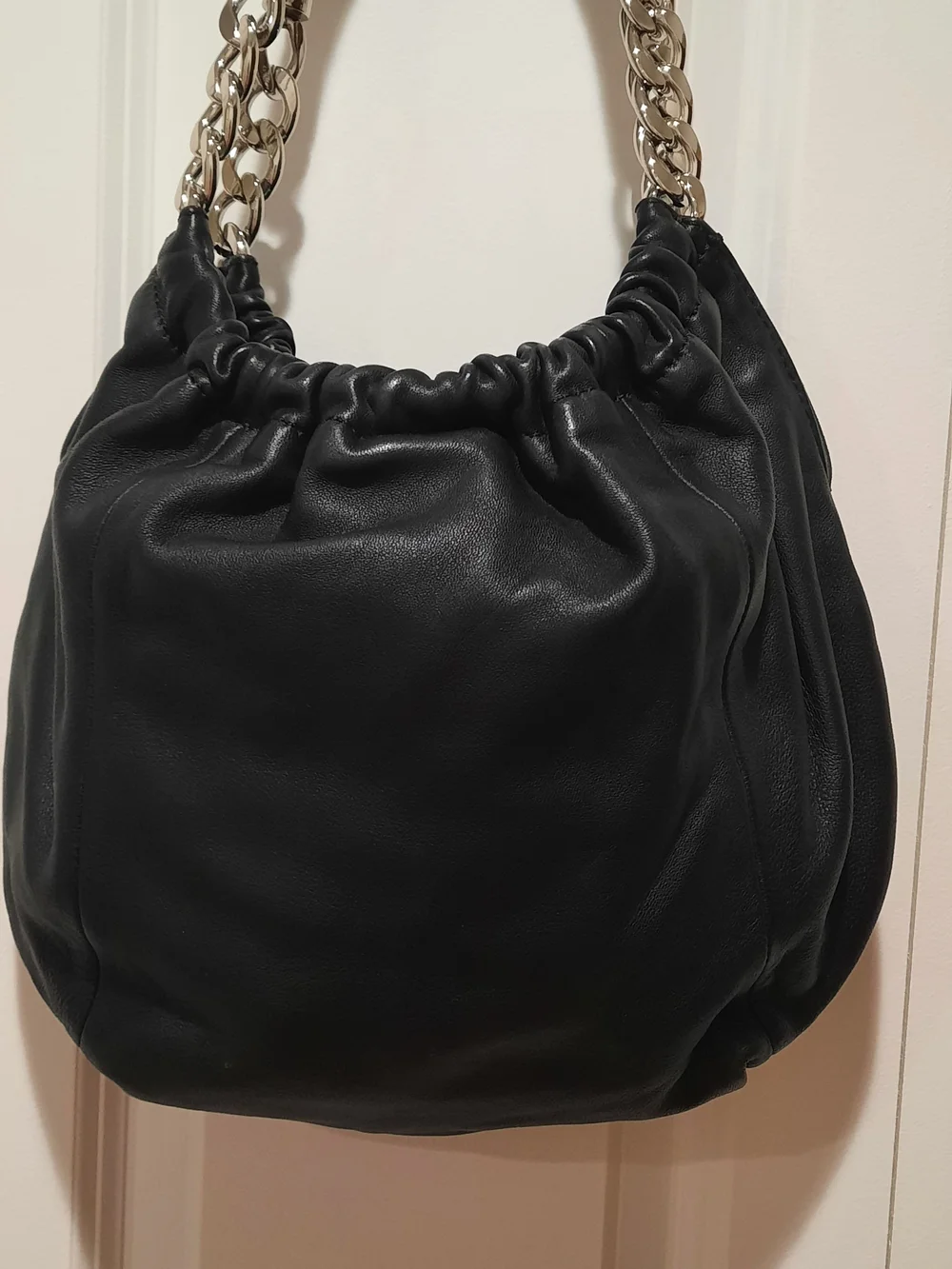 Black Leather Shoulder Bag with Gold Chain Handle
